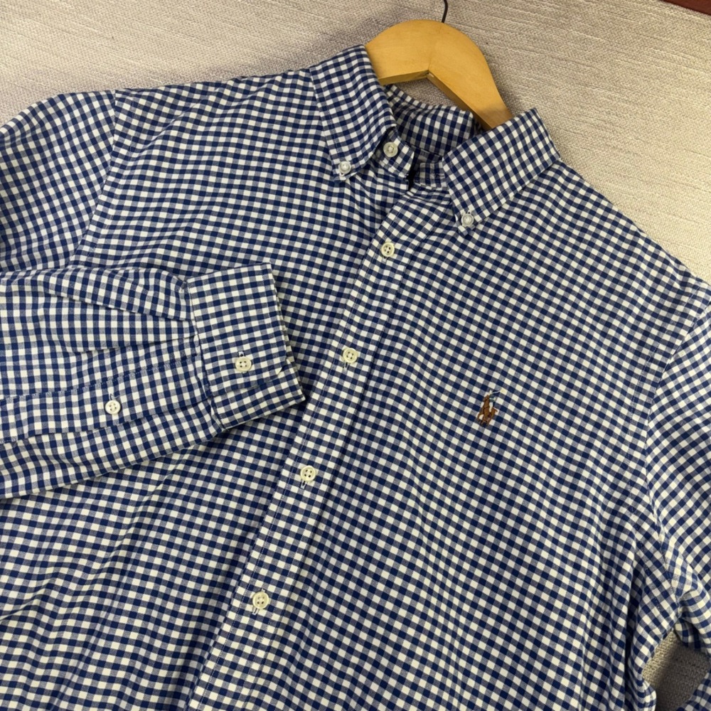 Ralph Lauren Mens Gingham Button Down Shirt Blue White Large Long Sleeve Pony